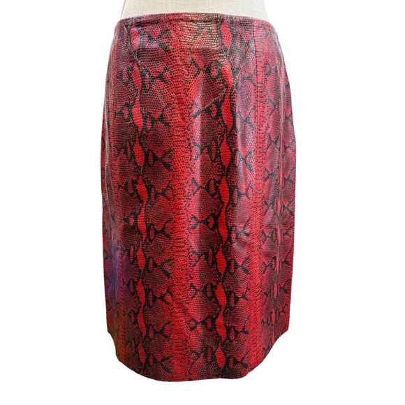 Oscar de la Renta Leather Skirt Red Snakeskin Print 100% Lamb Suede Size 6